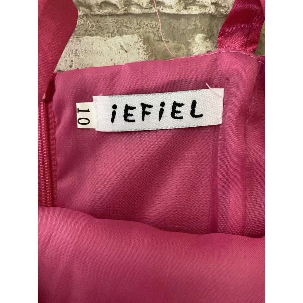 iEFIEL Girls Fuchsia Pink Rhinestone Organza Flower Dress size 10